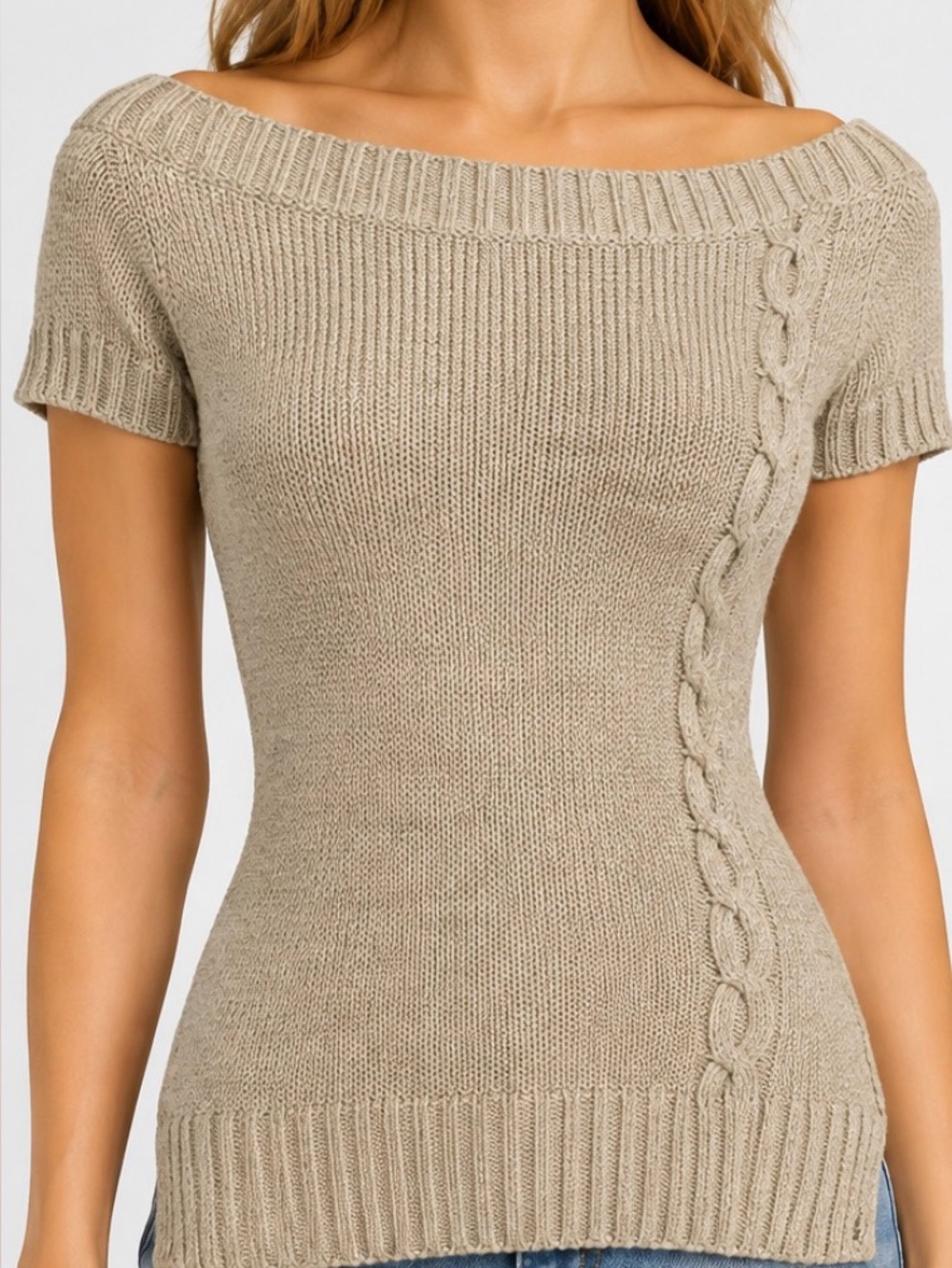 La Classe Couture Beige Cable Knit Boat Neck Sweater Top Short Sleeve S/P
